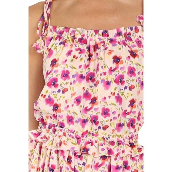 MISA LOS ANGELES Floral Sleeveless Tie Strap Smocked Ruffle Tier Mini Dress‎ L - Picture 5 of 10